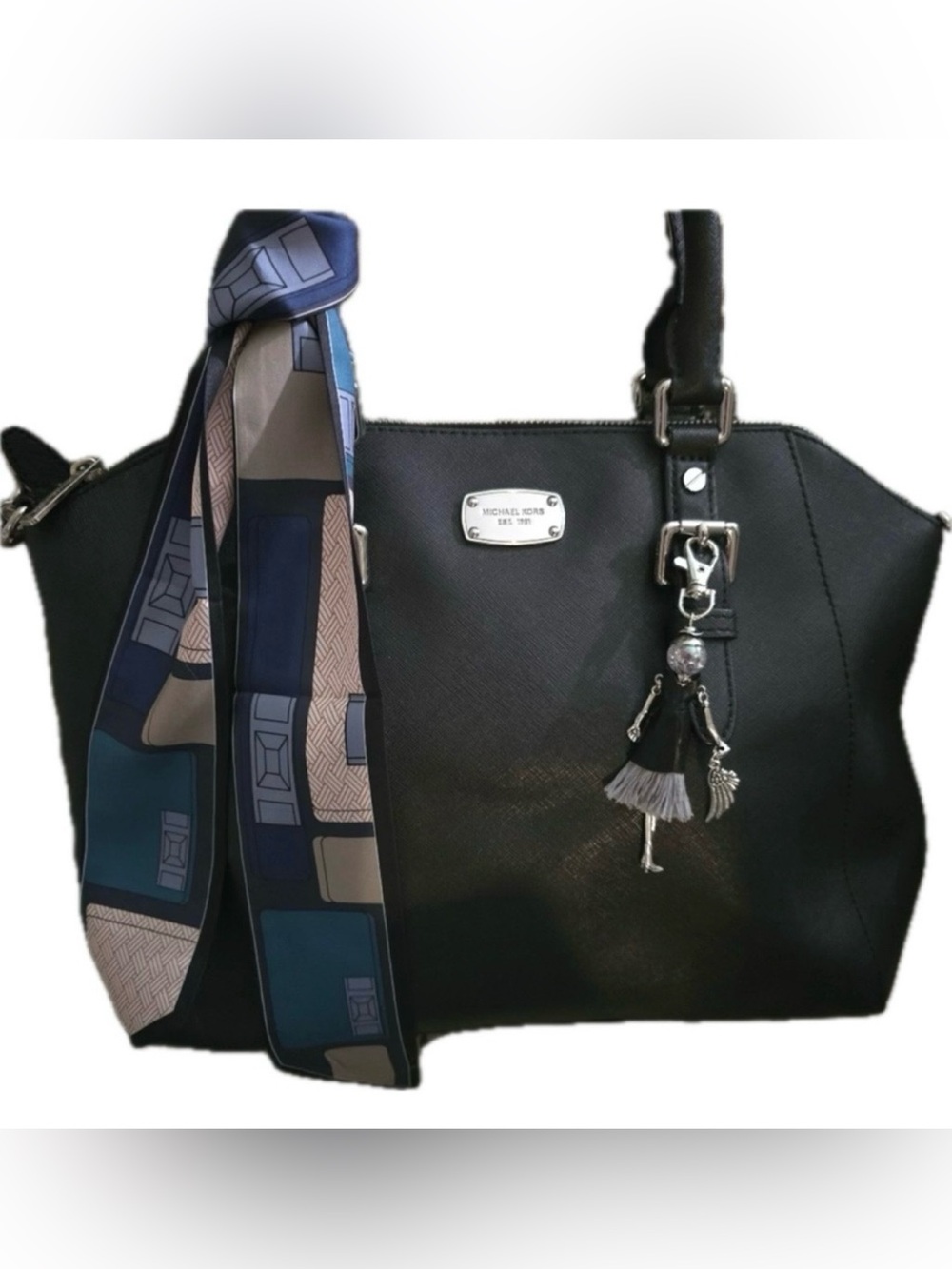 EUC Michael Kors Black Saffiano Leather Satchel with Scarf Accent